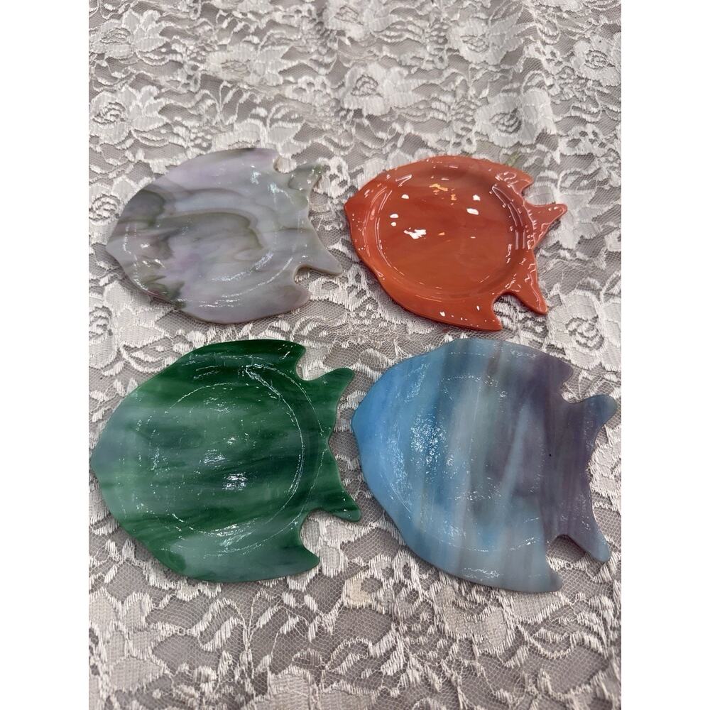 Vintage Coastal Fish Plates Coasters 4 Trinket Tray Glass Ocean Beach 4.25”